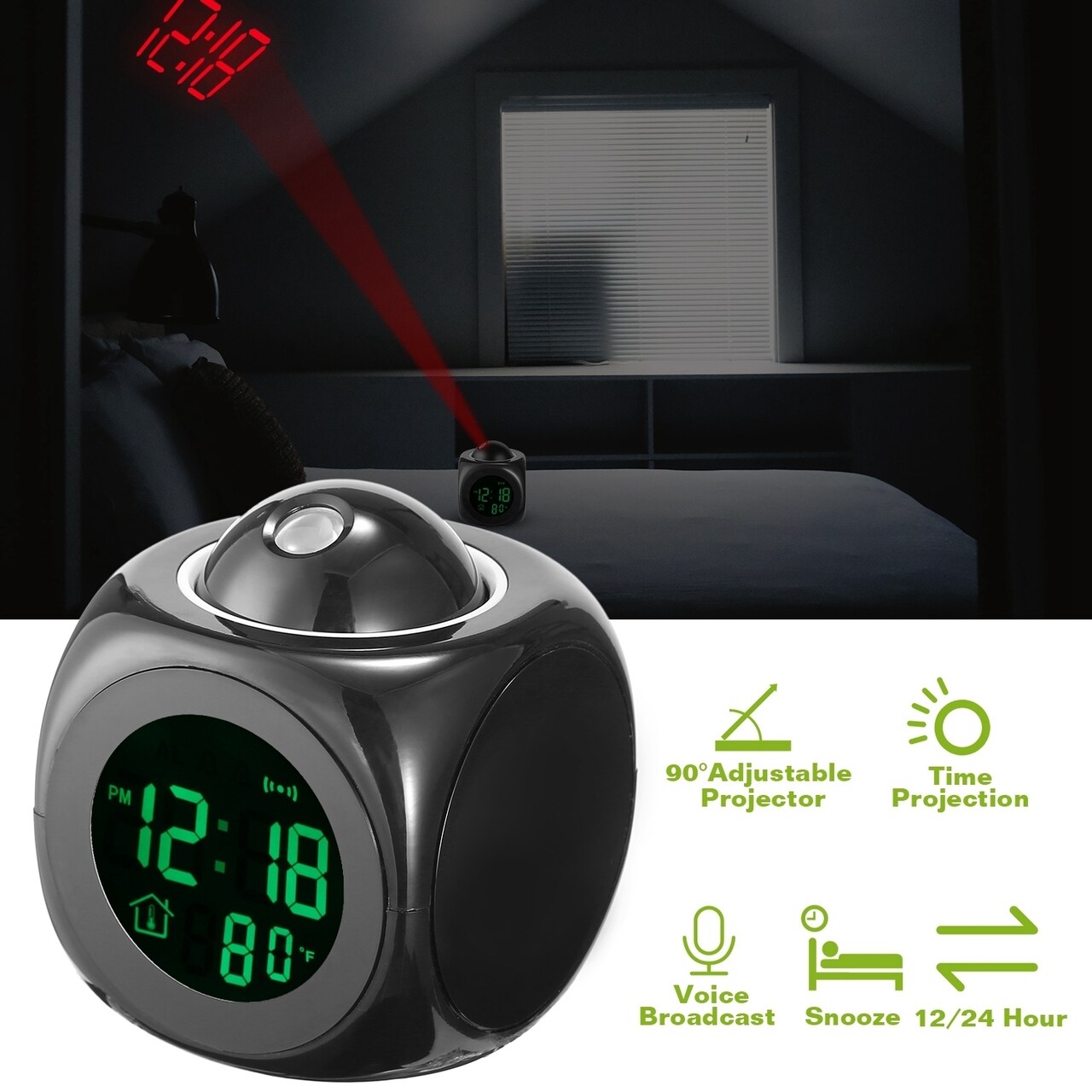 Lcd Projection Alarm Clock Battery Powered Black With Voice Broadcast Temperature